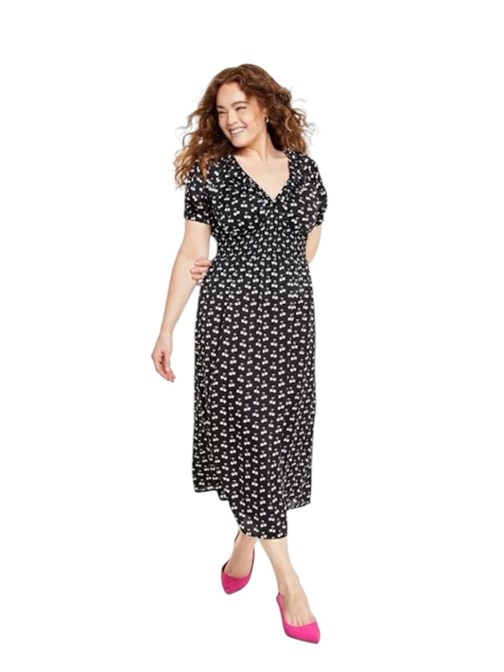 Macy's On 34th Black and White Cherry Print V-Neck Midi Dress Size Medium